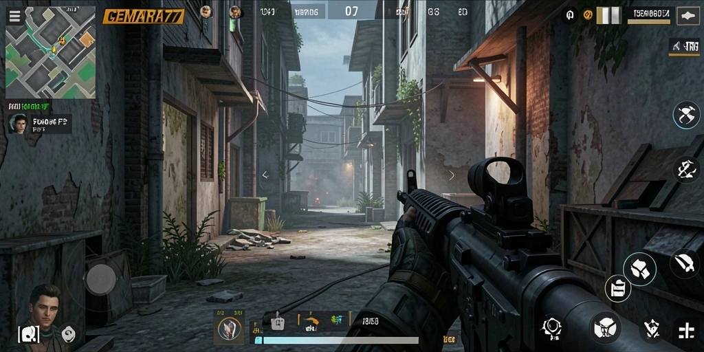 Tangkapan layar gameplay CEMARA77 dengan aksi FPS yang intens.