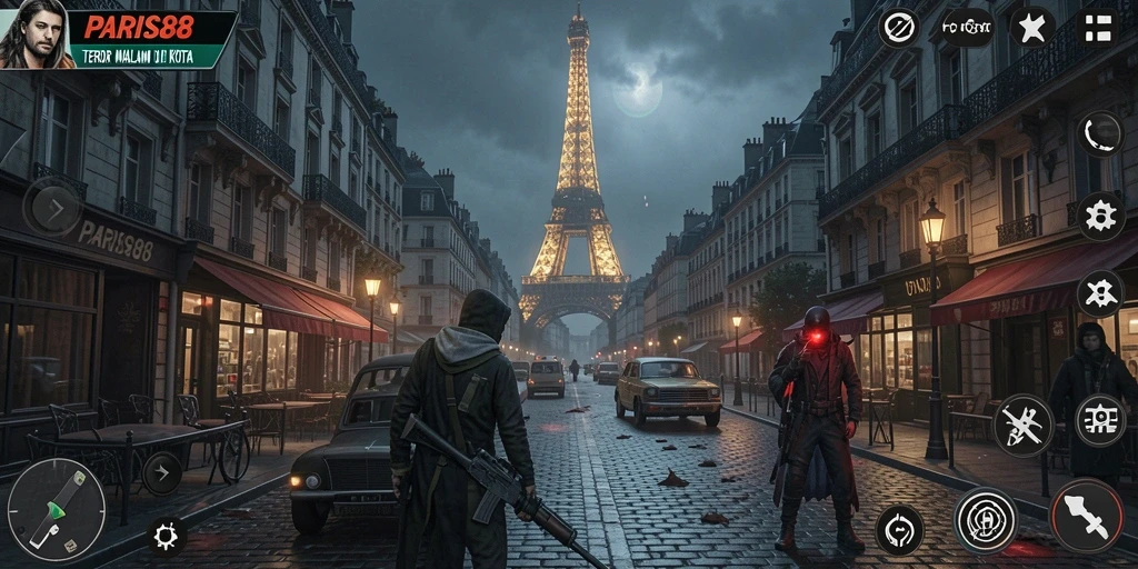 Screenshot gameplay PARIS88 yang menampilkan momen menyeramkan di malam hari.